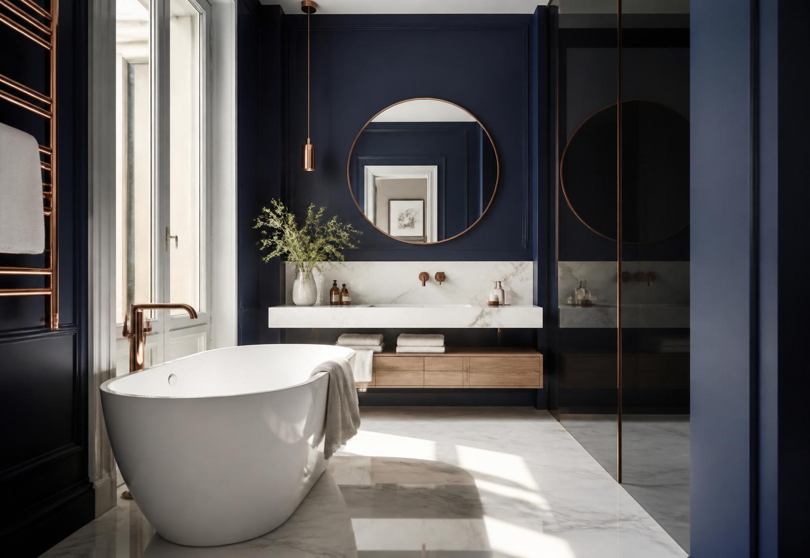 Baño reformado en Madrid con acabados premium en azul marino y cobre